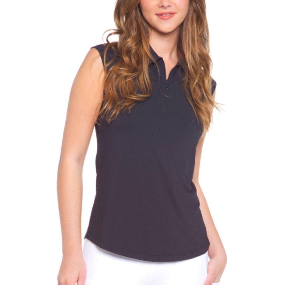 Ibkul Solid Sleeveless Polo with Quarter Zip Size L Dark Navy